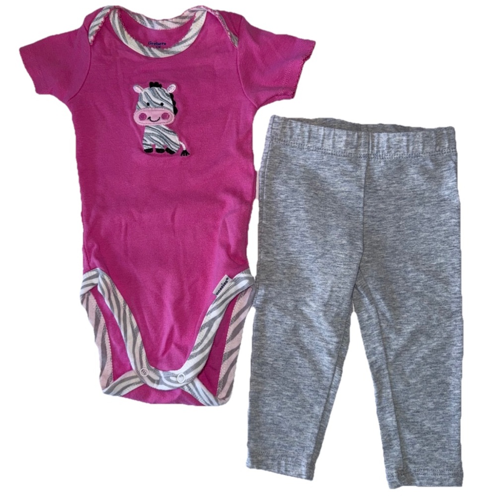Gerber baby girl outfit set 2 piece Pink Zebra Top and Gray Pants 3-6 M